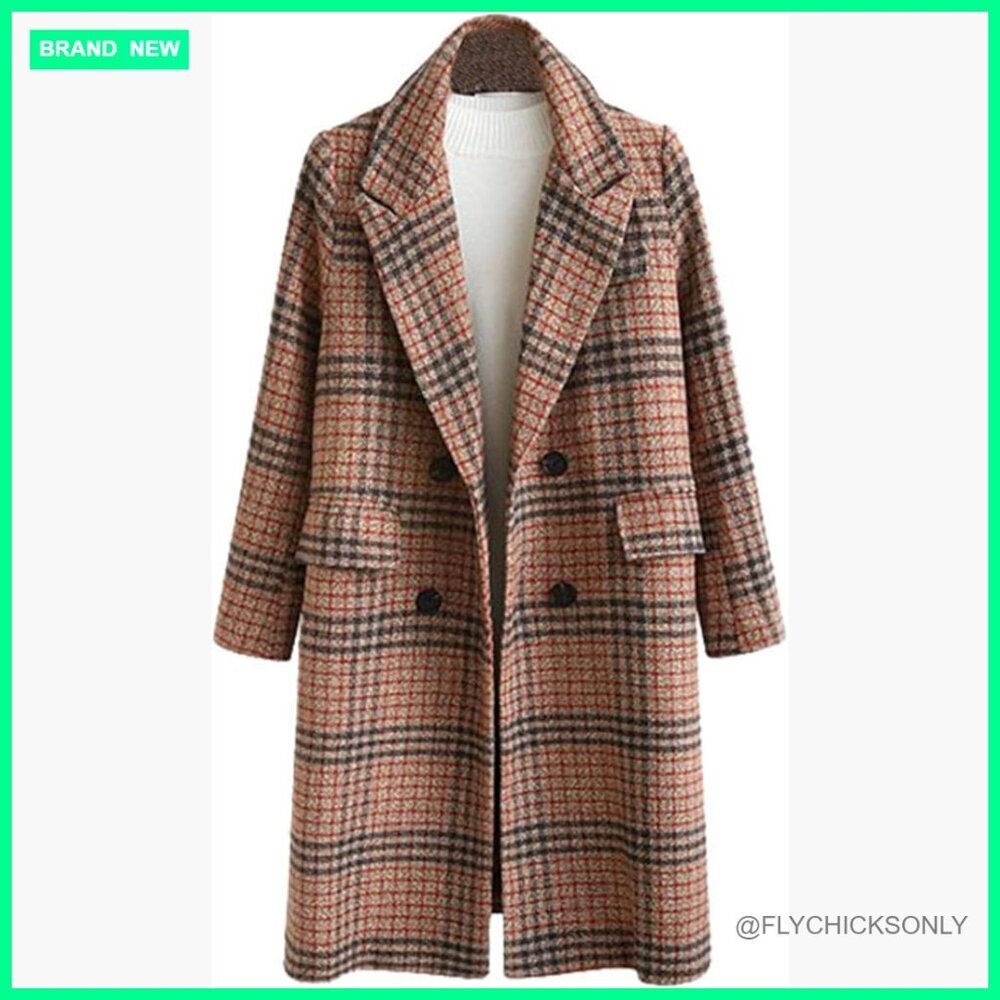 Wool Blend Peacoat Trench Coat Double Breasted Loose Fit Outerwear